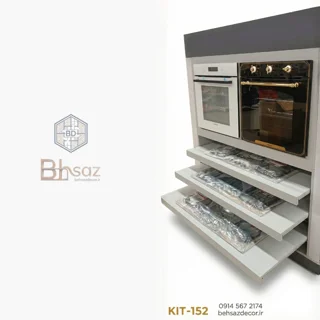 استند جزیره مربعی طوسی رنگ مدل KIT-152 مخصوص نمایش فر و ماکروویو توکار با تابلو برندینگ در بالا