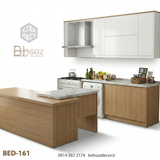 طراحی و اجرای کابینت آشپزخانه مدرن ام دی اف دو رنگ سفید و طرح چوب با جزیره دو سطحی سنگ مرمر پروژه
