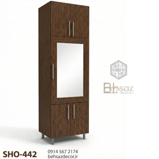 جاکفشی ایستاده آینه‌دار و کمد ورودی (۳ تکه) | مدل SHO-442 (طرح چوب)