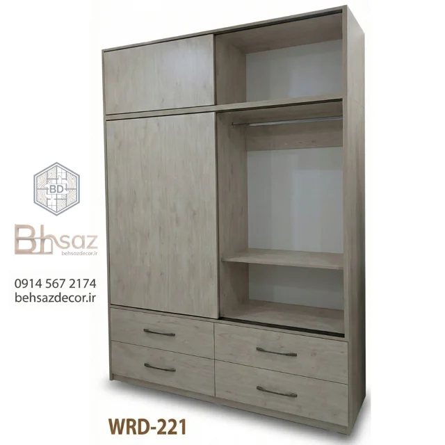 "کمد لباس ریلی ام دی اف طرح چوب روشن دارای ۴ کشو و باکس بالای چمدان دان مدل WRD-221 با نمای داخلی