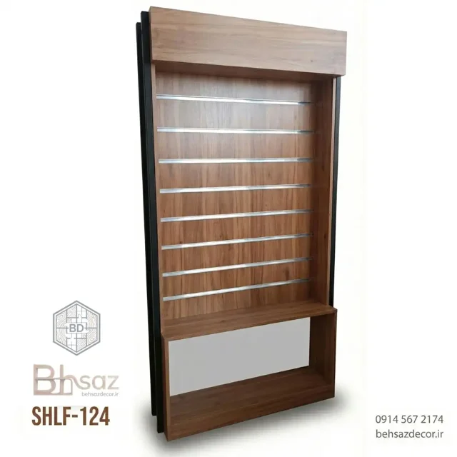 استند فروشگاهی شیاردار ایستاده (اسلت وال) طرح چوب | کد SHLF-124